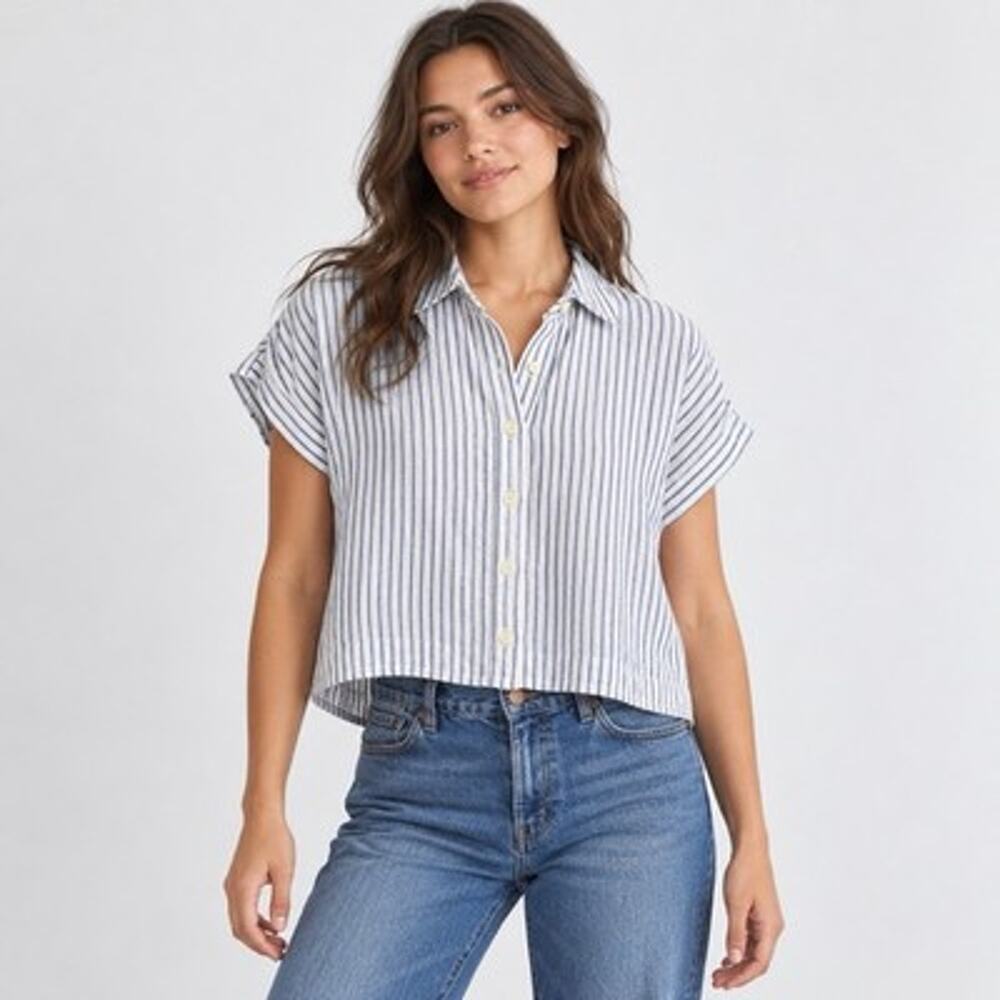 Madewell Linen Shirt Womens Size Small Bluestone Stripe Crop Dolman Button Up